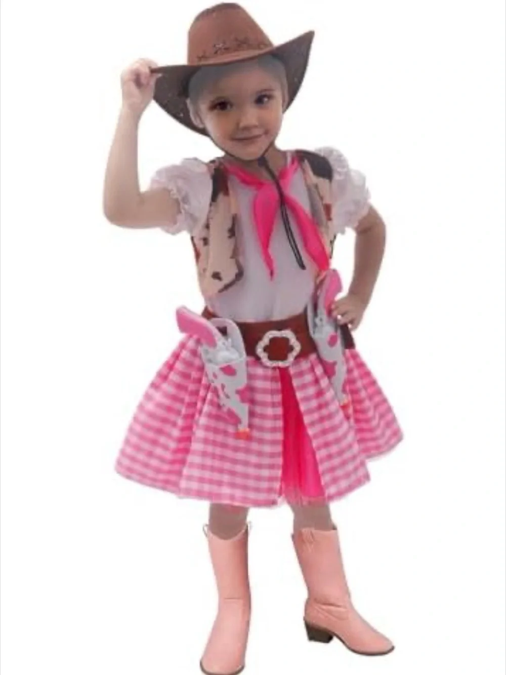 Pink Gingham Cowgirl Dress Costume with Attached Vest, Bandana and Belt